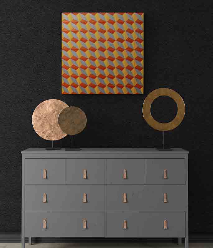 OPTICS 2  metalic paints shimmer over this optical geometric painting.
