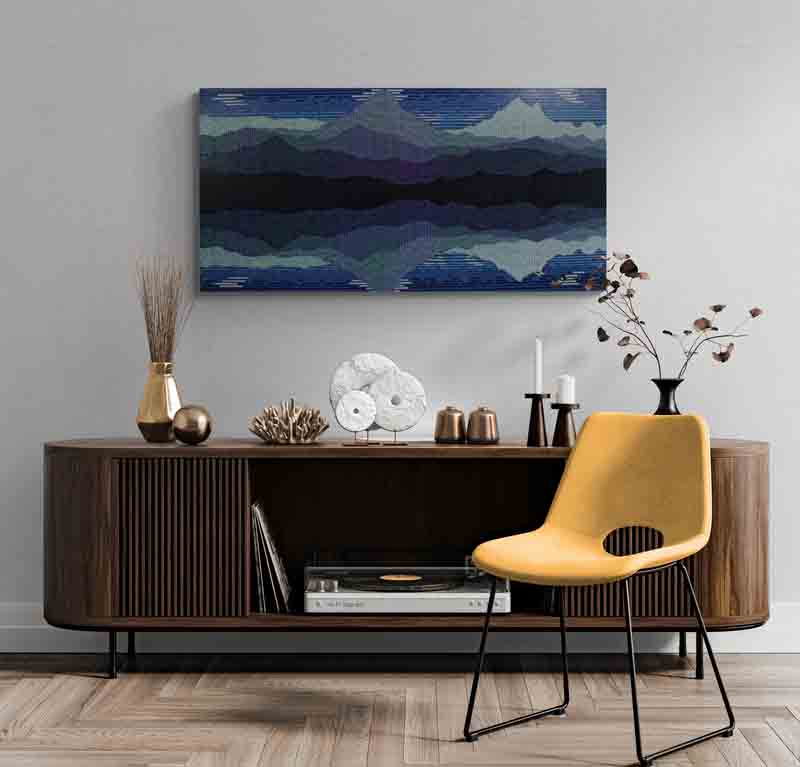 REFLECT is an abstract landscape of reflected mountains created using a pointillist style.