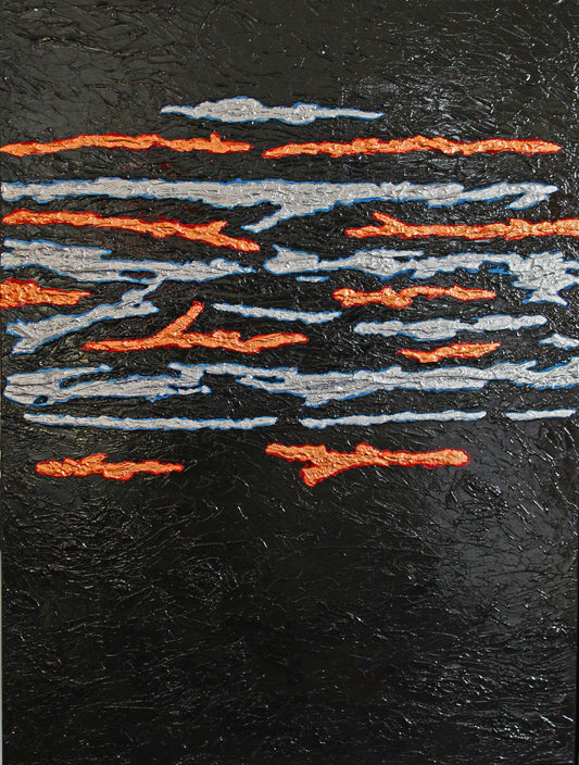 SEAM precious metals cross through a darkened background across a heavy, bold canvas.