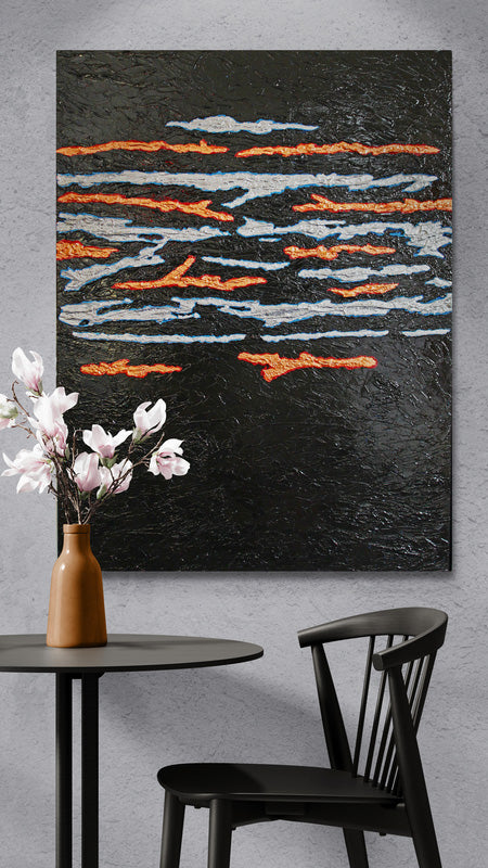 SEAM precious metals cross through a darkened background across a heavy, bold canvas.