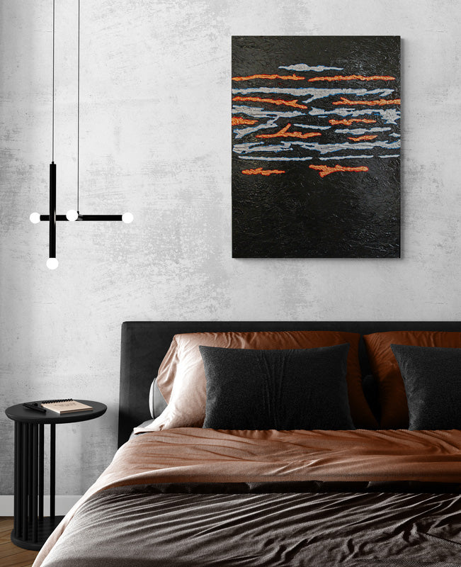 SEAM precious metals cross through a darkened background across a heavy, bold canvas.