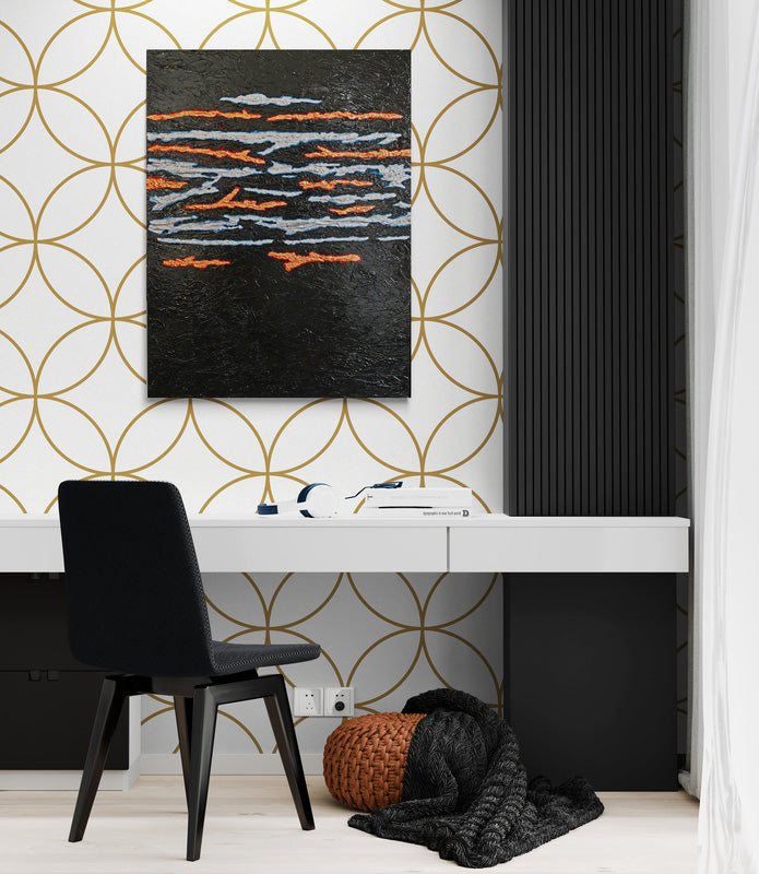 SEAM precious metals cross through a darkened background across a heavy, bold canvas.