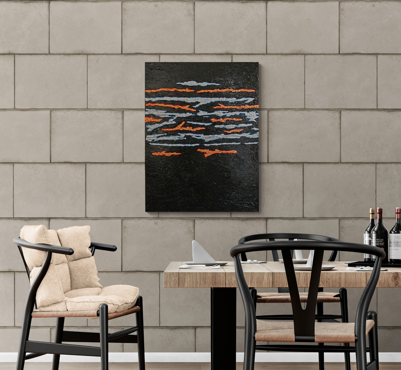 SEAM precious metals cross through a darkened background across a heavy, bold canvas.