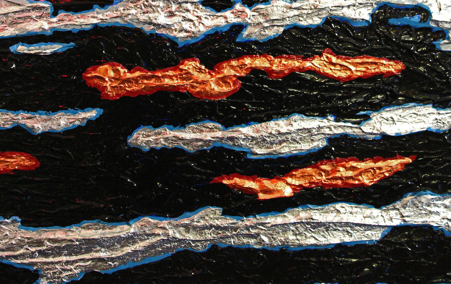 SEAM precious metals cross through a darkened background across a heavy, bold canvas.