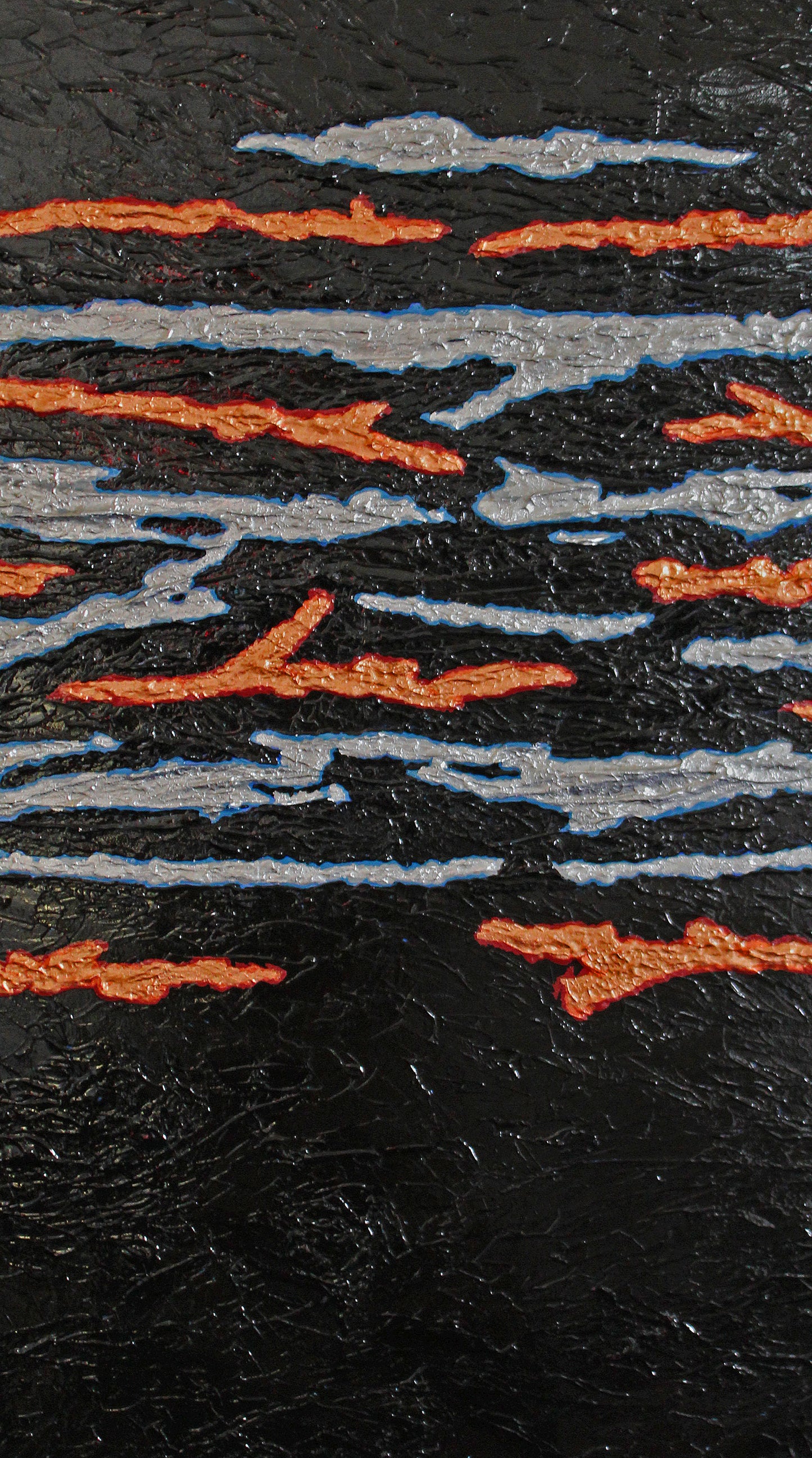 SEAM precious metals cross through a darkened background across a heavy, bold canvas.