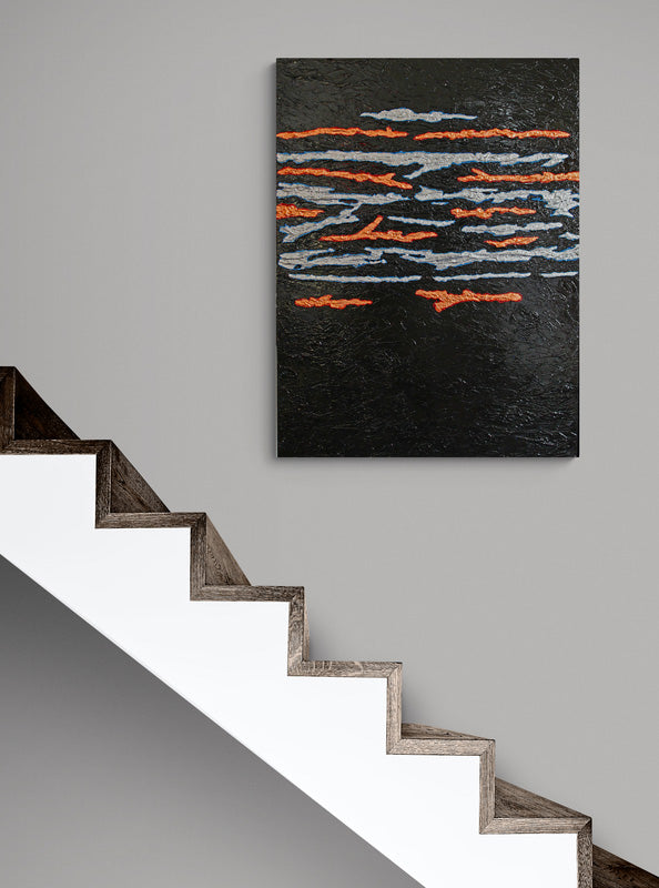 SEAM precious metals cross through a darkened background across a heavy, bold canvas.