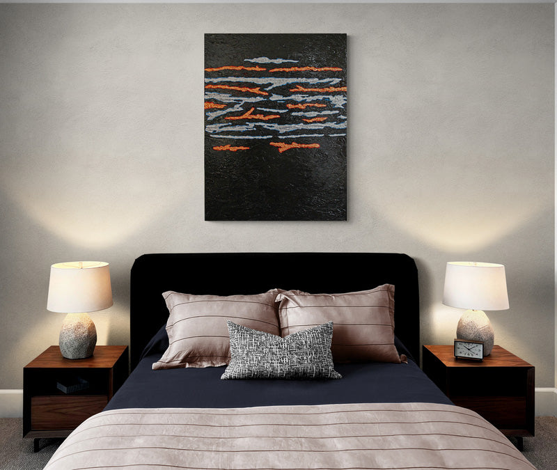 SEAM precious metals cross through a darkened background across a heavy, bold canvas.