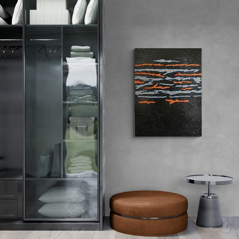 SEAM precious metals cross through a darkened background across a heavy, bold canvas.