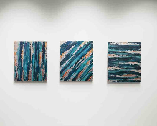 SILVER STREAK a triptych of blues highlighted by silver foil.