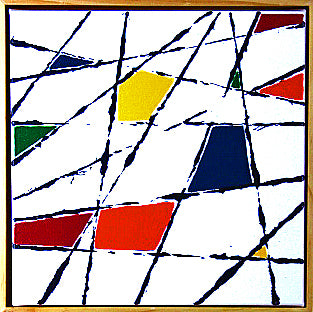 STRING THEORY 1 a geometric abstract with pops of primary colour.