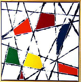 STRING THEORY 5 a geometric painting with bright colour and a fresh white background.
