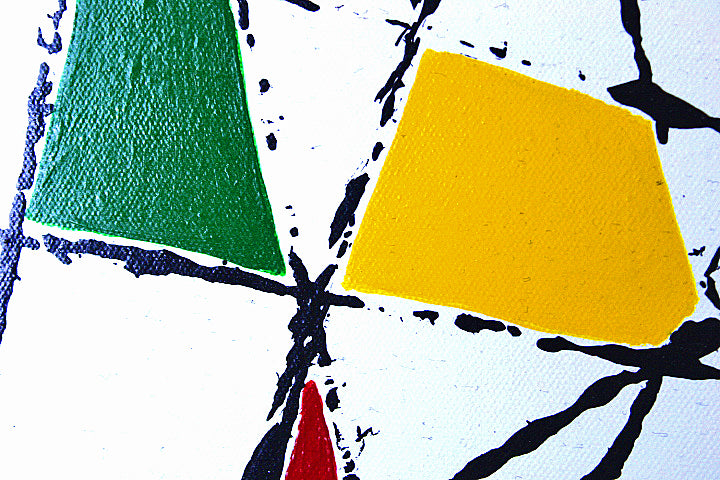 STRING THEORY 5 a geometric painting with bright colour and a fresh white background.