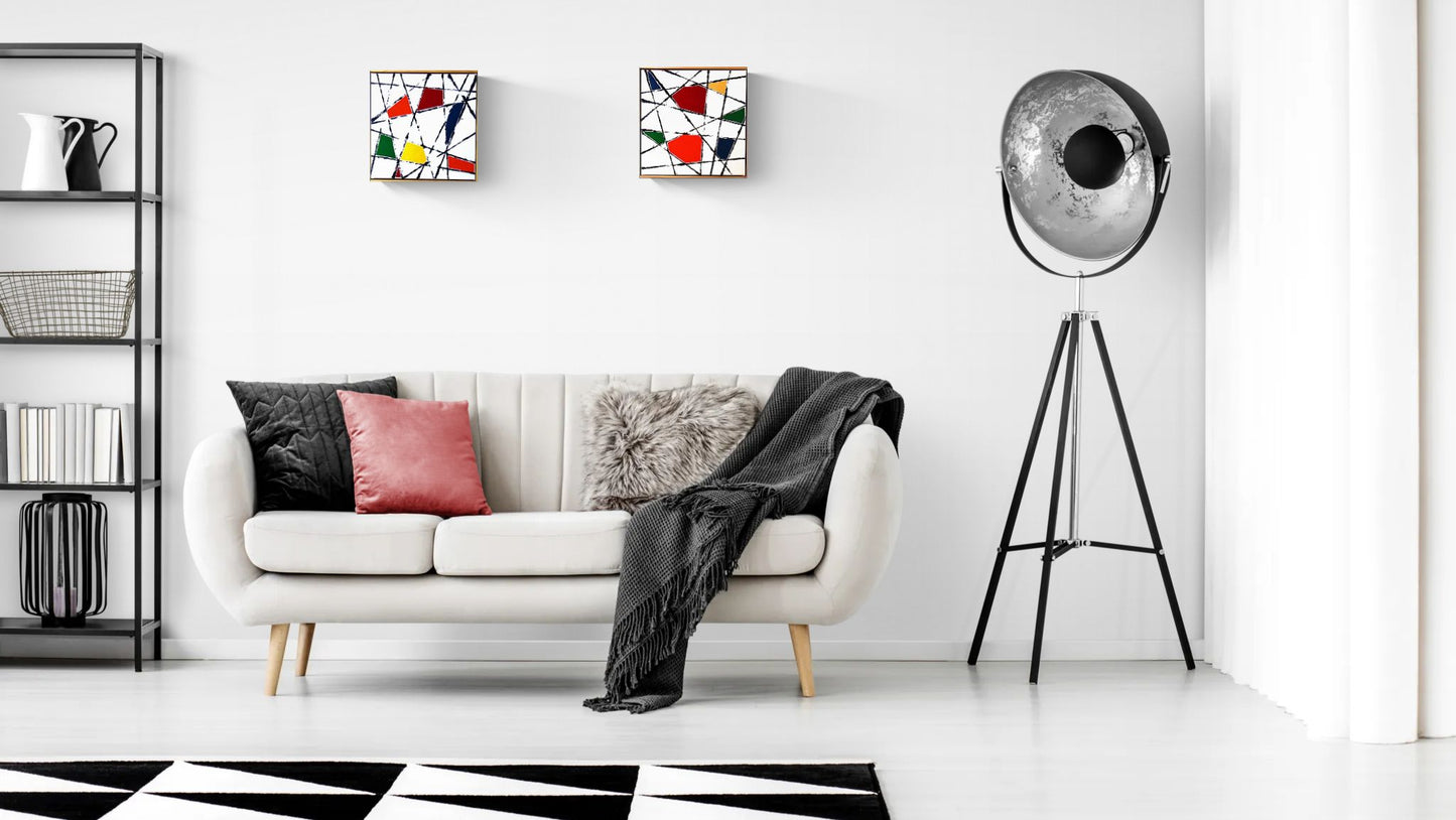 STRING THEORY 5 a geometric painting with bright colour and a fresh white background.