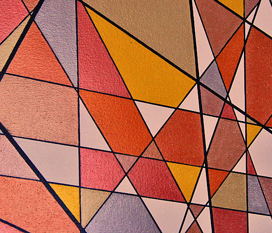 TARNISH 2 Dean Crozier’s geometric abstract artwork with bold linework and reflective metallic surfaces that shift with the light, echoing the fading role of tangible money in a digital‑first world.