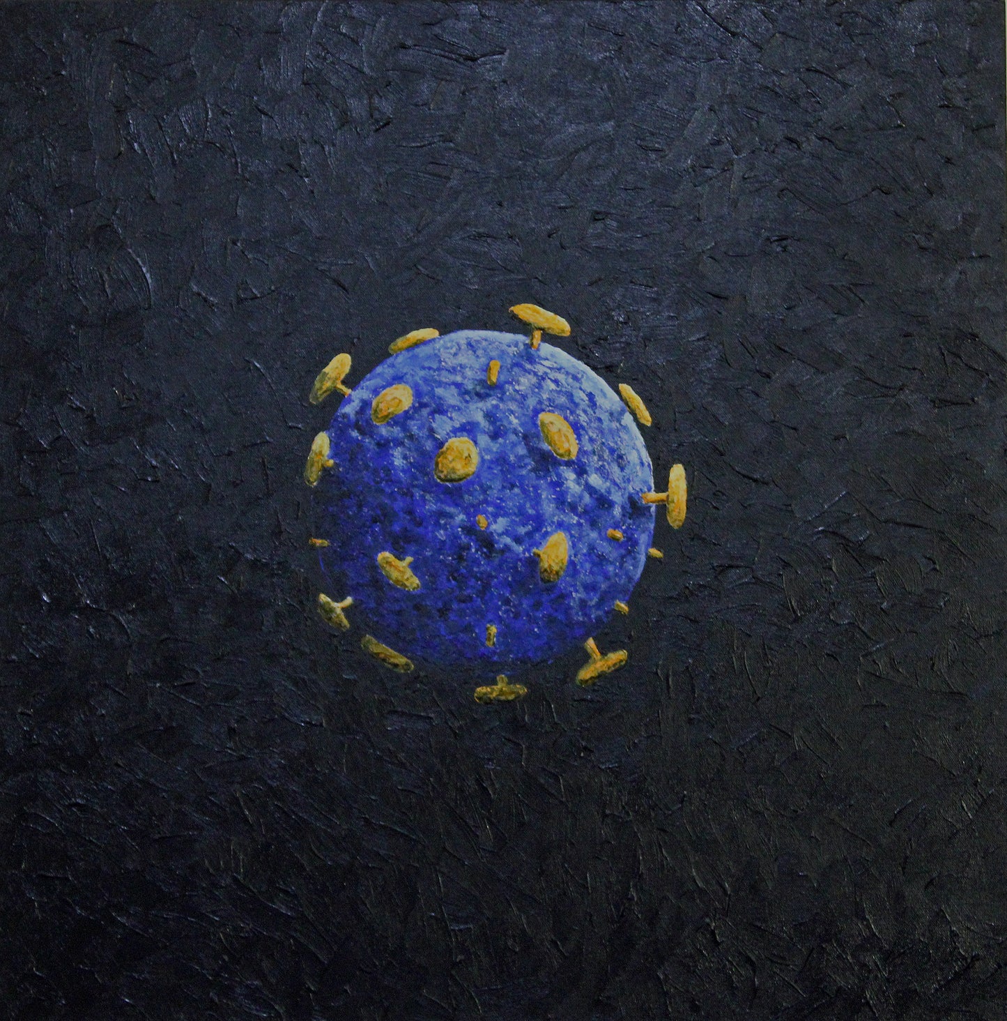 UNWELCOME COMPANION an artistic representation of a virus in a textural and colourful artwork.