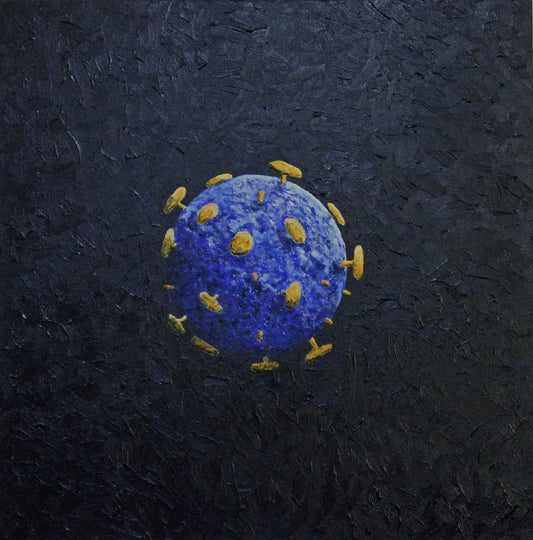 UNWELCOME COMPANION an artistic representation of a virus in a textural and colourful artwork.