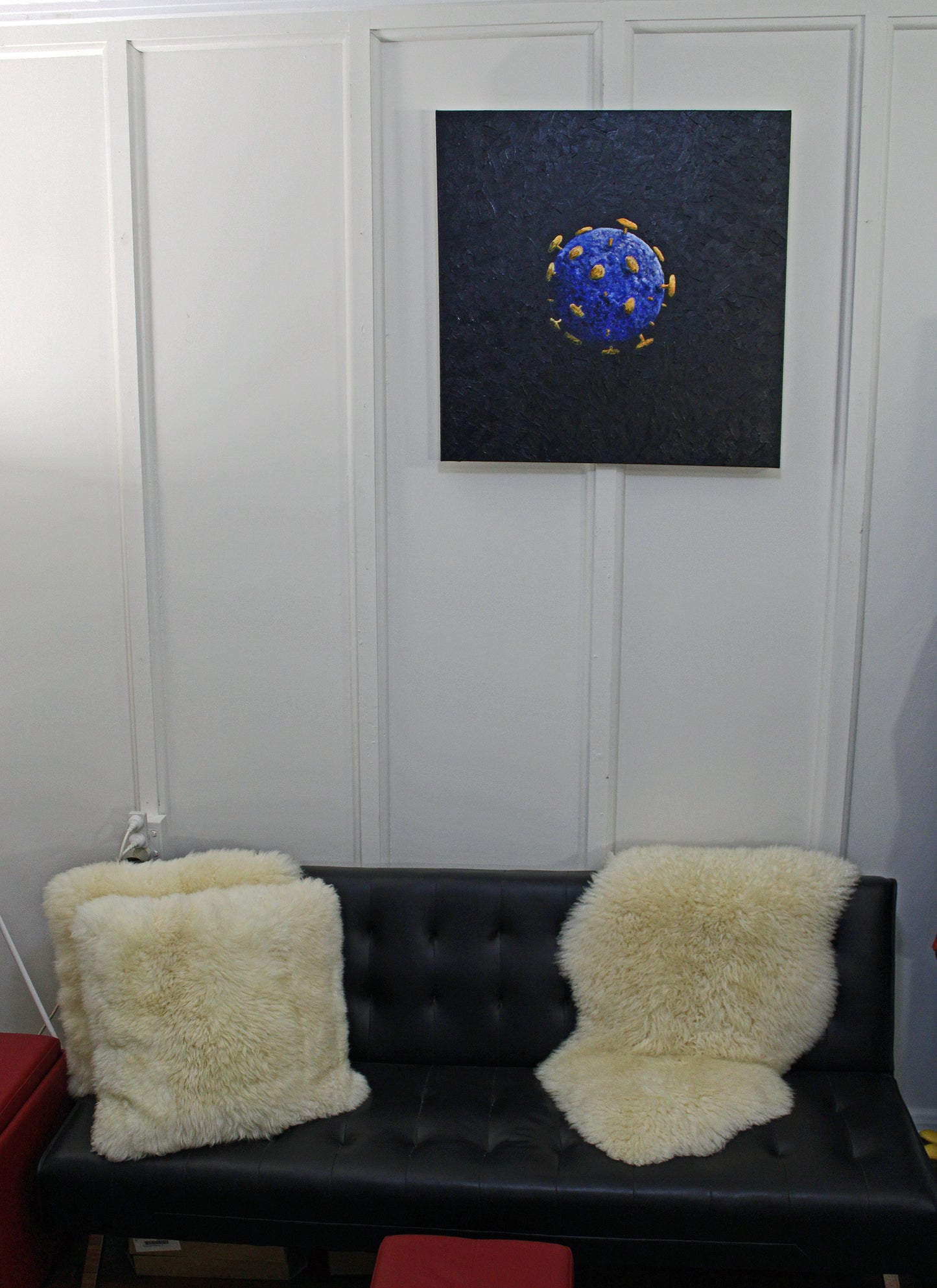 UNWELCOME COMPANION an artistic representation of a virus in a textural and colourful artwork.