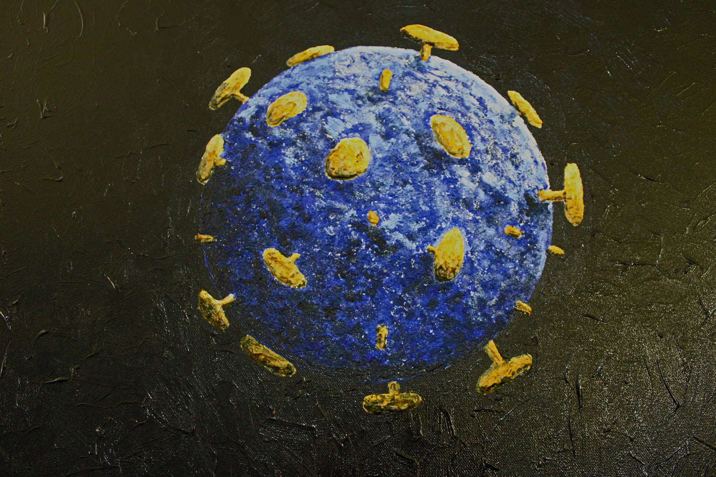 UNWELCOME COMPANION an artistic representation of a virus in a textural and colourful artwork.