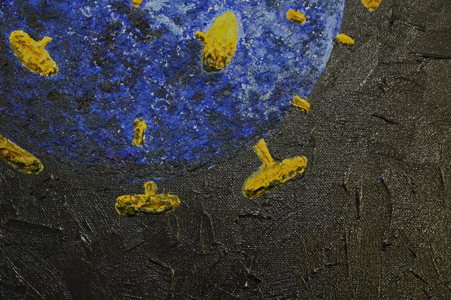 UNWELCOME COMPANION an artistic representation of a virus in a textural and colourful artwork.