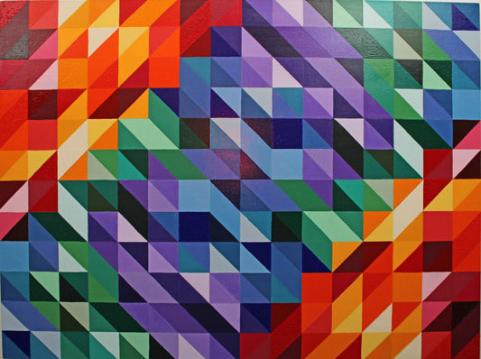 W.C. a geometric abstract painting full of colour and distorted symmetry.