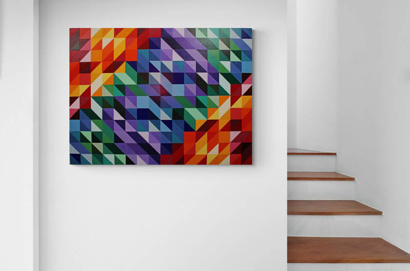 W.C. a geometric abstract painting full of colour and distorted symmetry.
