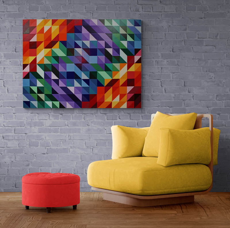 W.C. a geometric abstract painting full of colour and distorted symmetry.