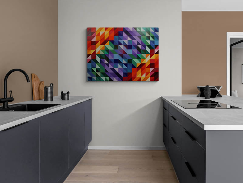 W.C. a geometric abstract painting full of colour and distorted symmetry.