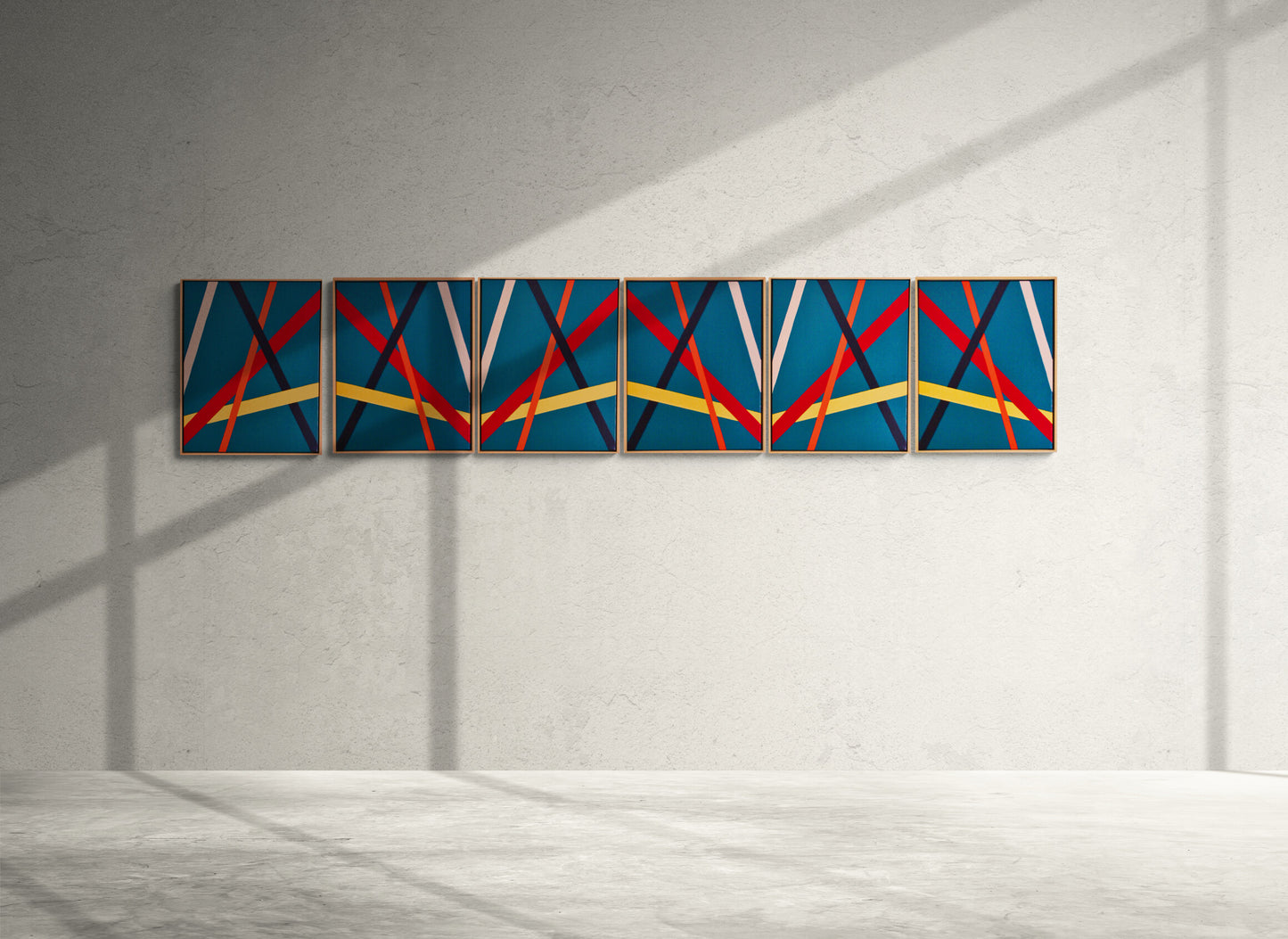 TEAL Bold geometric abstraction by Australian artist Dean Crozier. Six modular teal‑based canvases with intersecting colour bands create a dynamic, reconfigurable artwork suited to both expansive walls and compact spaces.