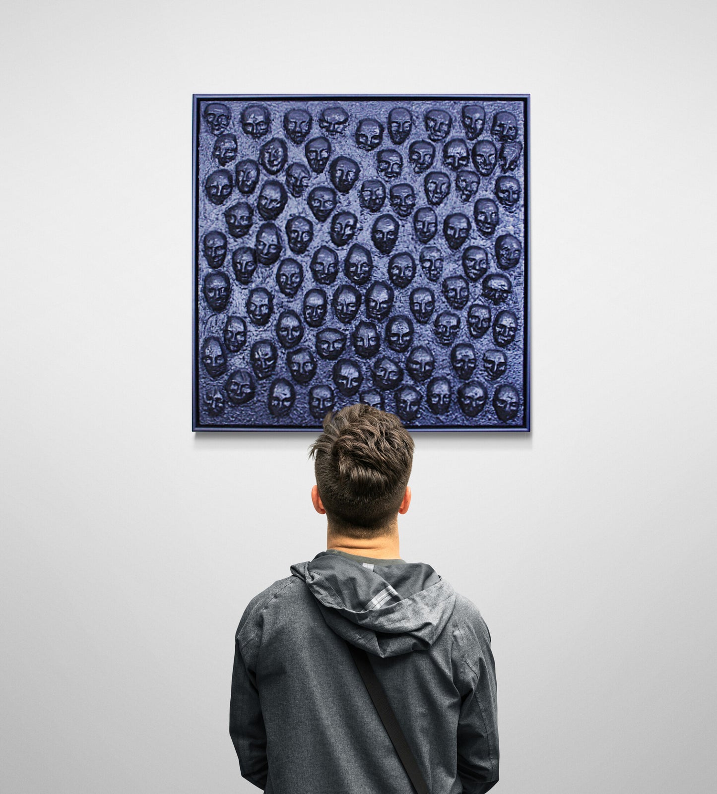 LET THE MOURNERS COME An all‑black canvas filled with sewn, faceless forms, LET THE MOURNERS COME evokes a quiet crowd of unseen mourners. A powerful mixed‑media work from the FUNERAL BLUES series exploring grief and collective presence.