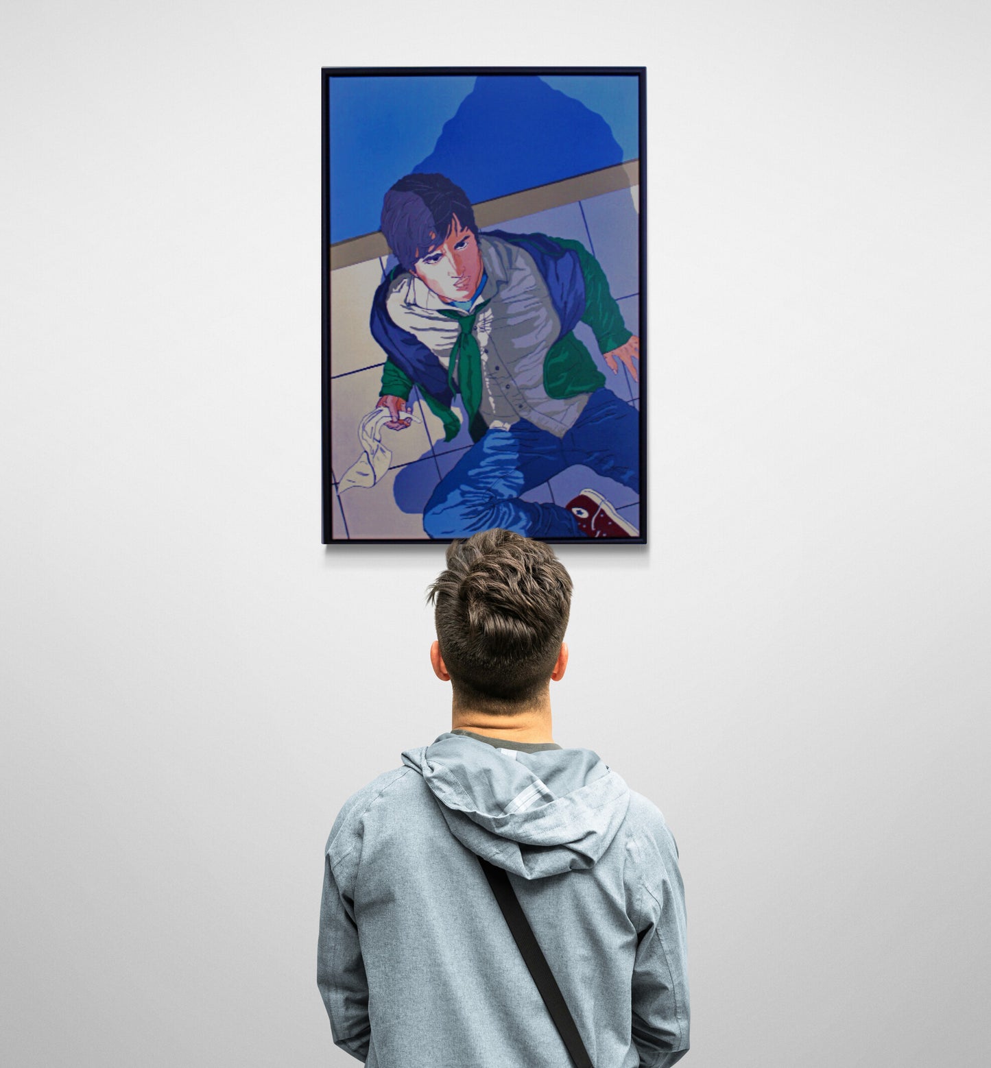 NO WHITE FLAG Comic‑book‑style painting of a young man falling as an unseen assailant’s shadow looms. Bold colour, graphic lines and dramatic tension. Synthetic polymer on canvas, framed in a black floating frame. From the Dean Crozier Gallery.