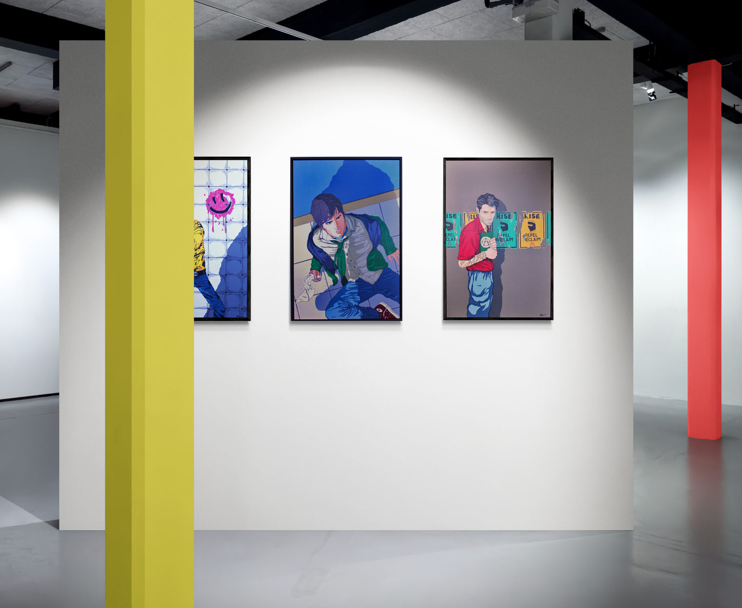 NO WHITE FLAG Comic‑book‑style painting of a young man falling as an unseen assailant’s shadow looms. Bold colour, graphic lines and dramatic tension. Synthetic polymer on canvas, framed in a black floating frame. From the Dean Crozier Gallery.