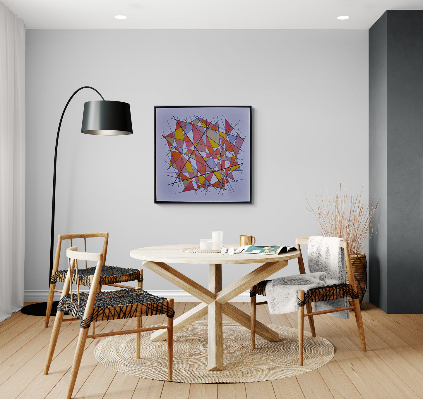 TARNISH 2 Dean Crozier’s geometric abstract artwork with bold linework and reflective metallic surfaces that shift with the light, echoing the fading role of tangible money in a digital‑first world.
