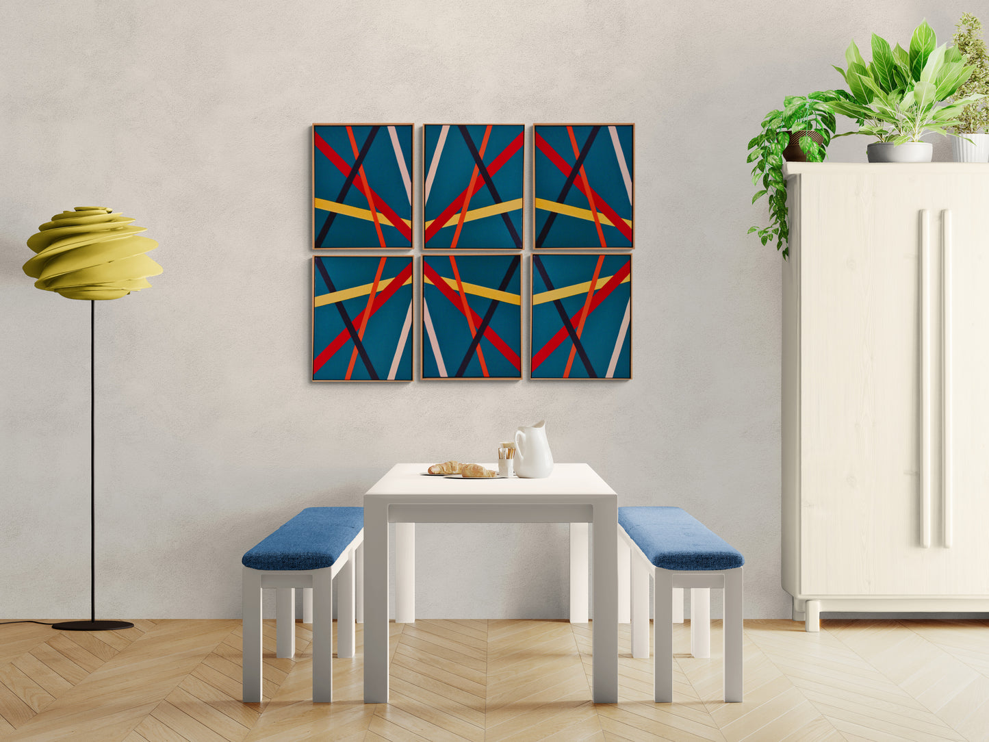 TEAL Bold geometric abstraction by Australian artist Dean Crozier. Six modular teal‑based canvases with intersecting colour bands create a dynamic, reconfigurable artwork suited to both expansive walls and compact spaces.