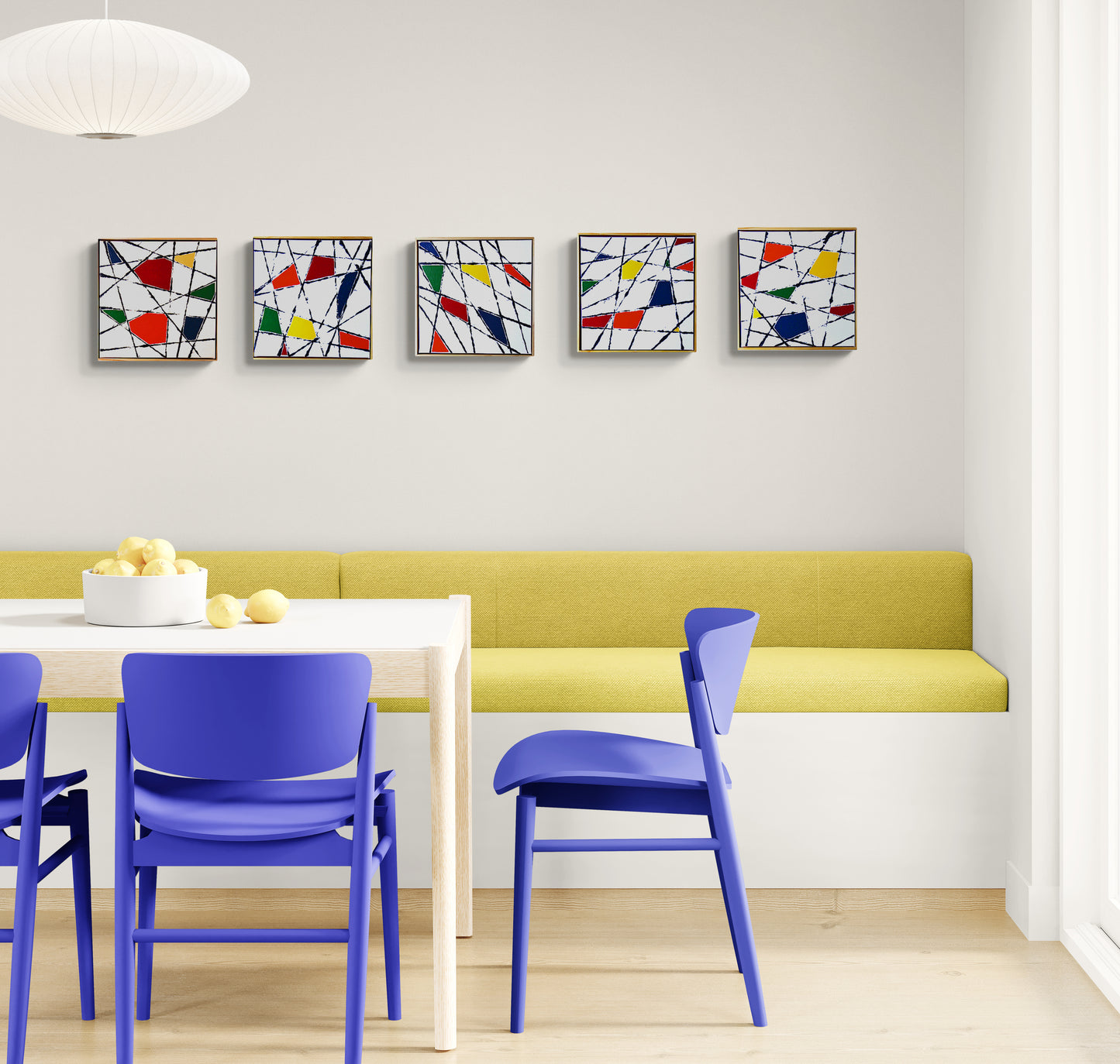 STRING THEORY 3 is an abstract painting with a clean fresh and colourful abstract design.