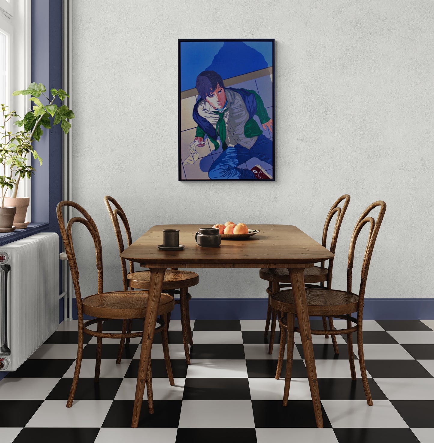 NO WHITE FLAG Comic‑book‑style painting of a young man falling as an unseen assailant’s shadow looms. Bold colour, graphic lines and dramatic tension. Synthetic polymer on canvas, framed in a black floating frame. From the Dean Crozier Gallery.