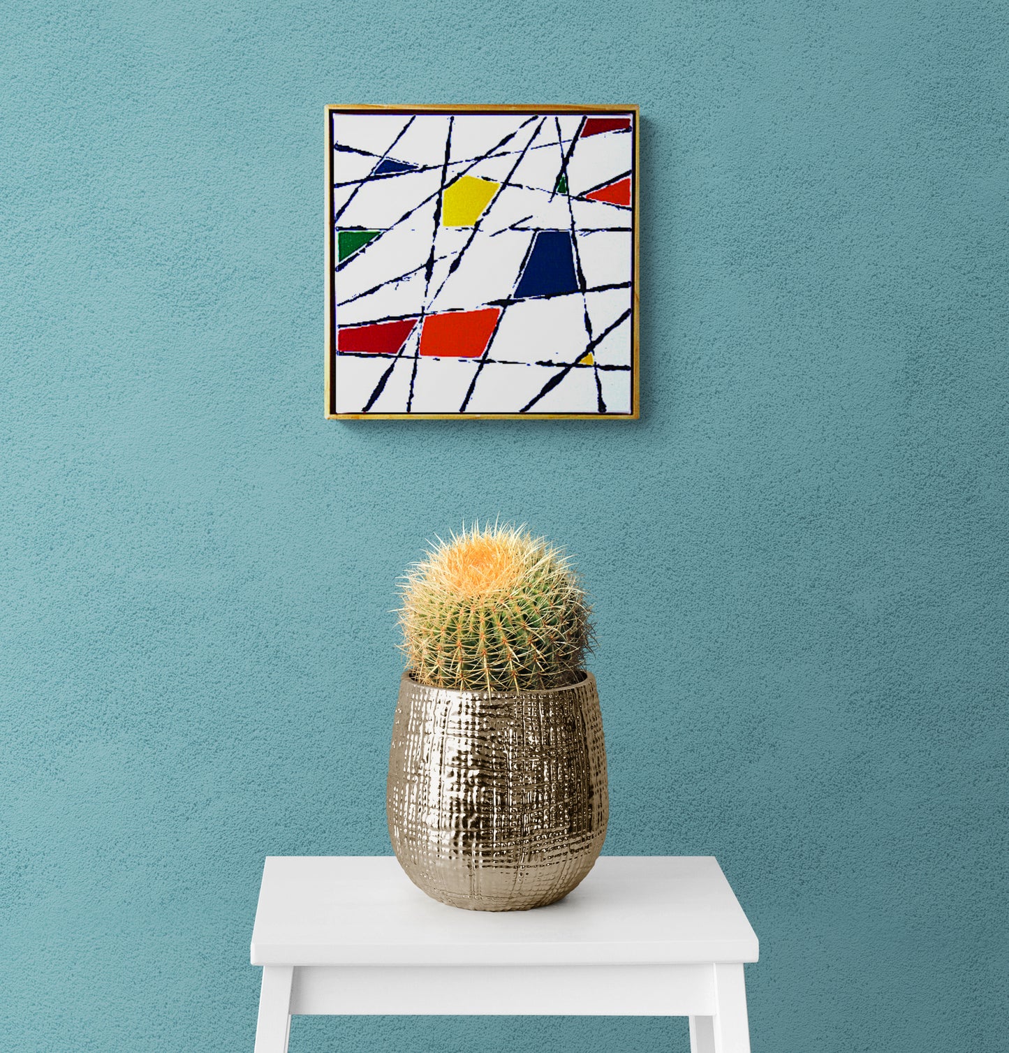 STRING THEORY 1 a geometric abstract with pops of primary colour.