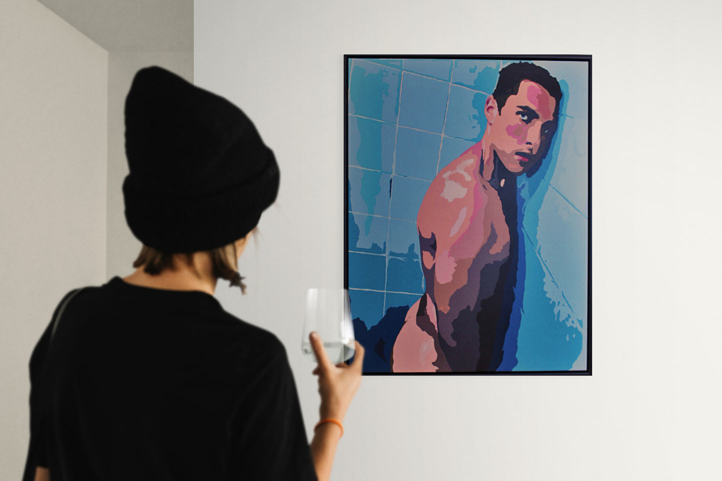 ENCOUNTERS #2 SHAWN IN THE SHOWER by Dean Crozier—an intimate, colour‑rich artwork where cool tiles meet warm flesh. A striking contemporary piece from the Encounters series, crafted in synthetic polymer and beautifully framed.