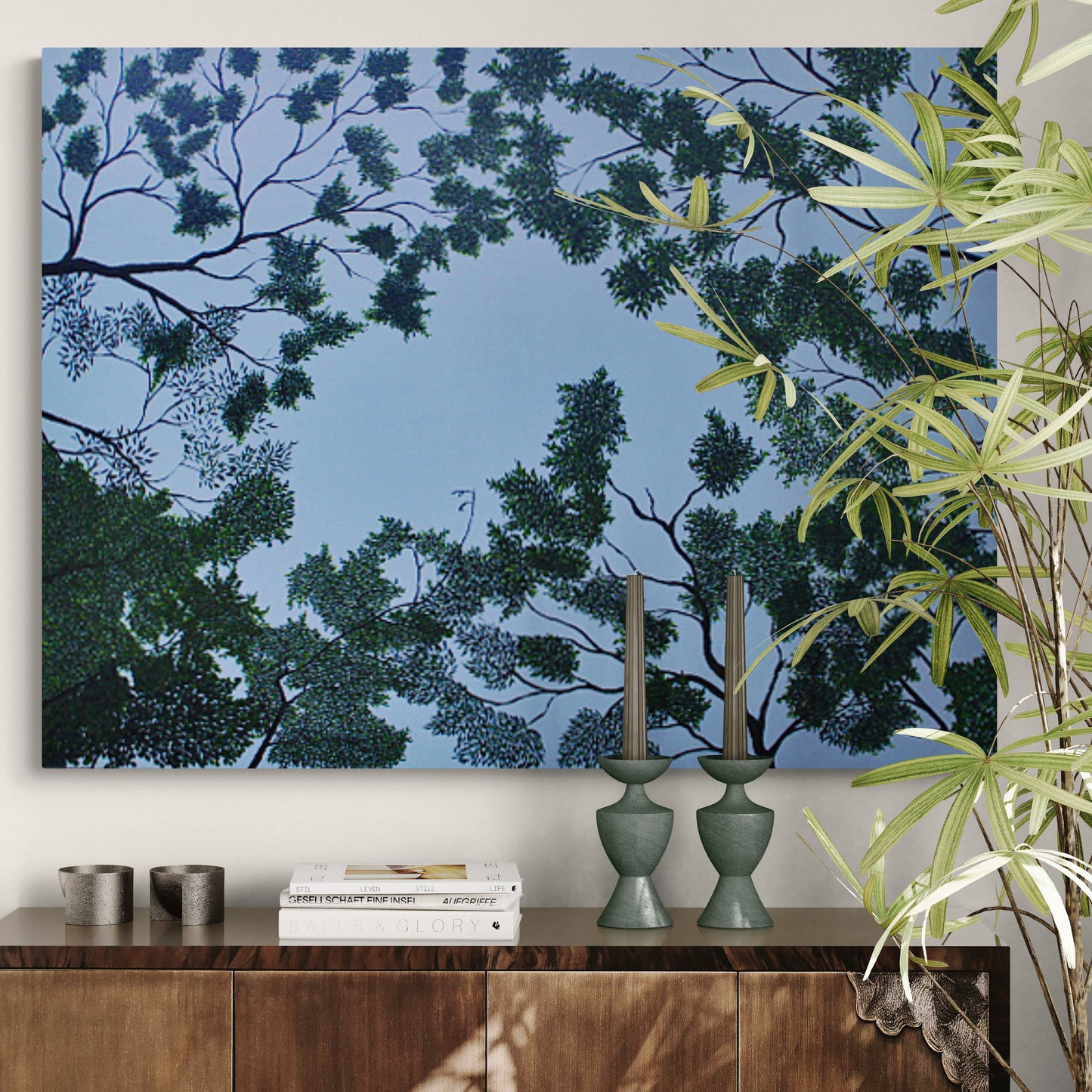 CANOPY A calm sky‑blue abstract with branches and individually painted leaves forming a gentle canopy. A serene contemporary artwork evoking the quiet of lying on cool grass beneath rustling trees. Perfect for natural, tranquil interiors.