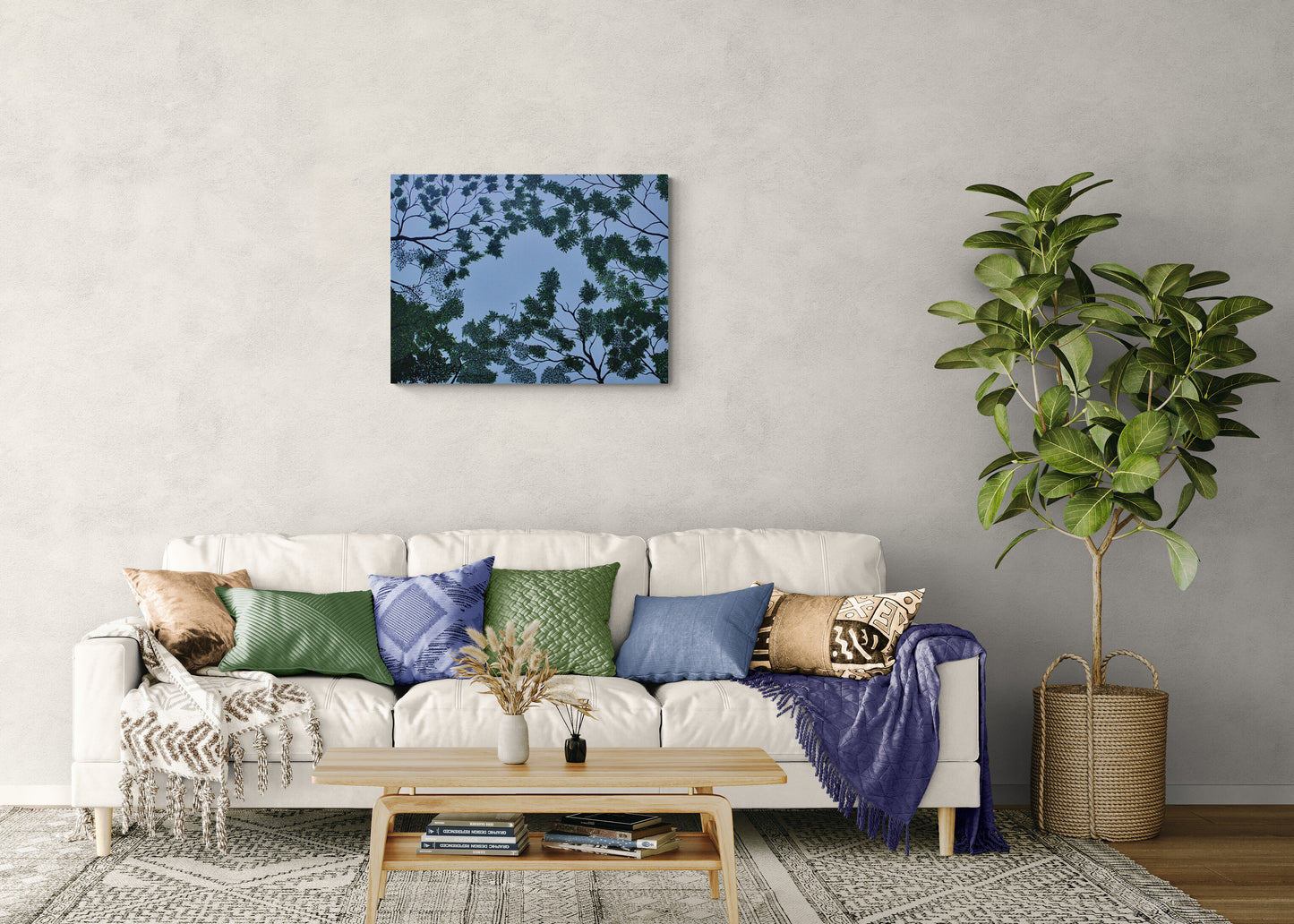 CANOPY A calm sky‑blue abstract with branches and individually painted leaves forming a gentle canopy. A serene contemporary artwork evoking the quiet of lying on cool grass beneath rustling trees. Perfect for natural, tranquil interiors.