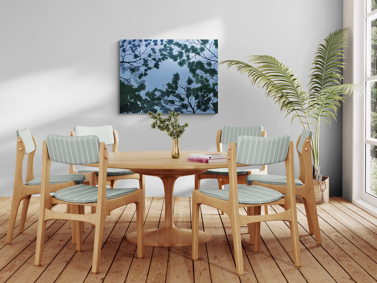 CANOPY A calm sky‑blue abstract with branches and individually painted leaves forming a gentle canopy. A serene contemporary artwork evoking the quiet of lying on cool grass beneath rustling trees. Perfect for natural, tranquil interiors.