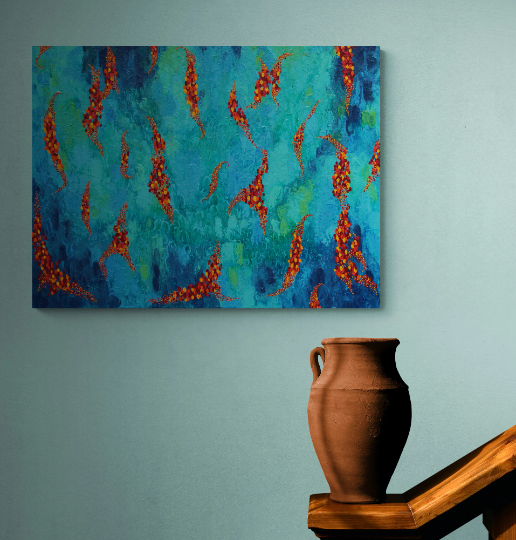 FLOAT strings of warm coloured leaves float across a stream of cool blues and greens.
