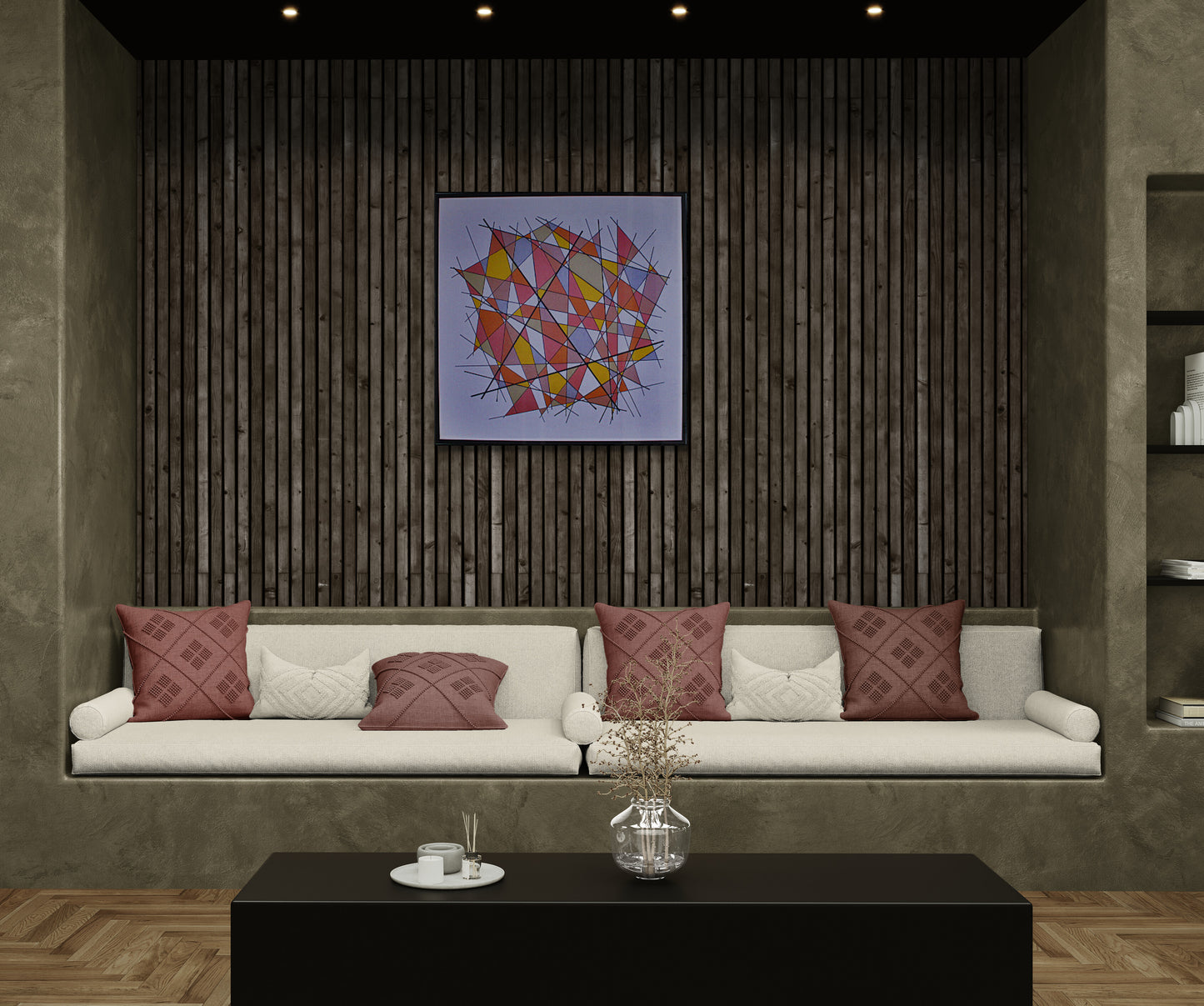 TARNISH 2 Dean Crozier’s geometric abstract artwork with bold linework and reflective metallic surfaces that shift with the light, echoing the fading role of tangible money in a digital‑first world.