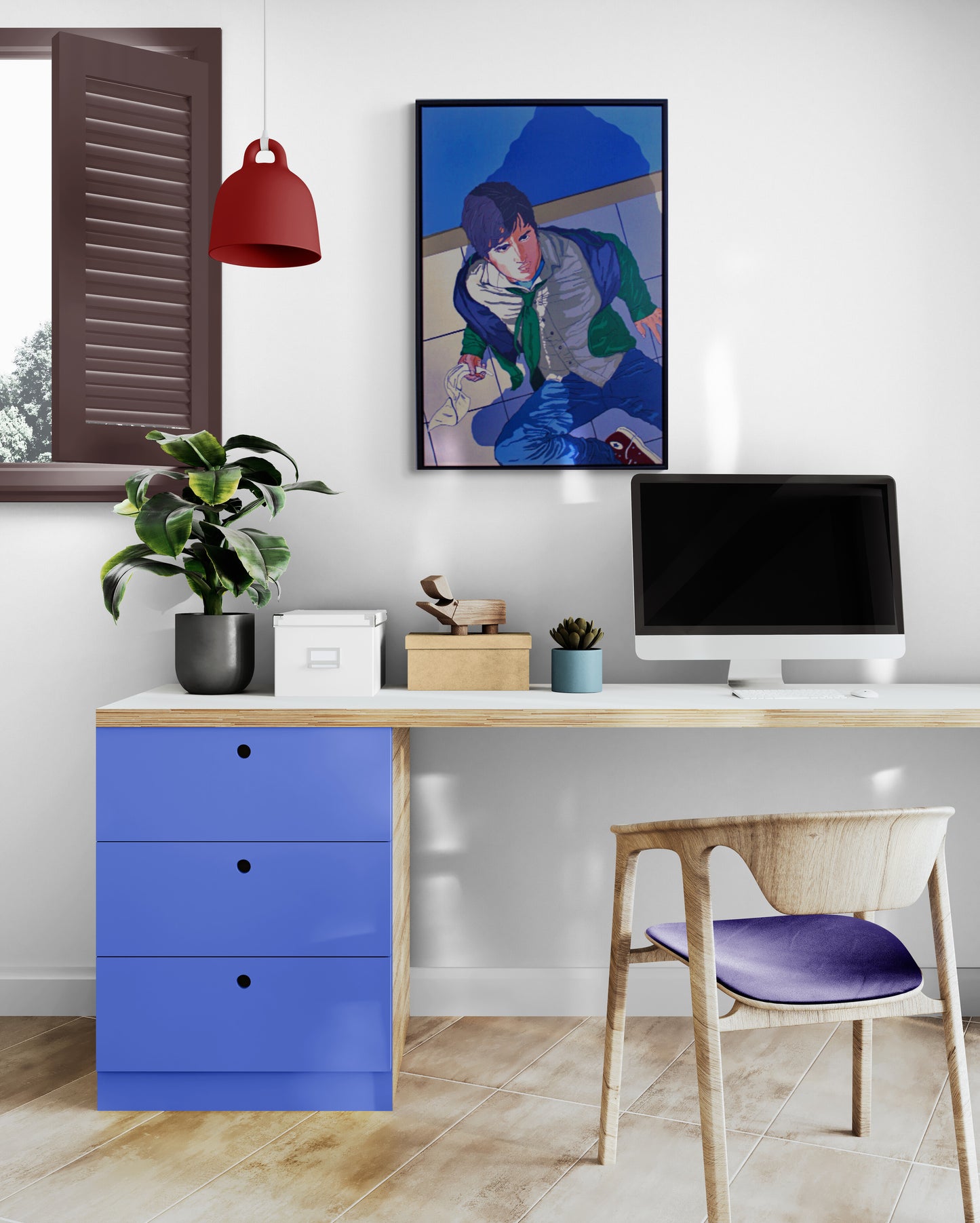 NO WHITE FLAG Comic‑book‑style painting of a young man falling as an unseen assailant’s shadow looms. Bold colour, graphic lines and dramatic tension. Synthetic polymer on canvas, framed in a black floating frame. From the Dean Crozier Gallery.