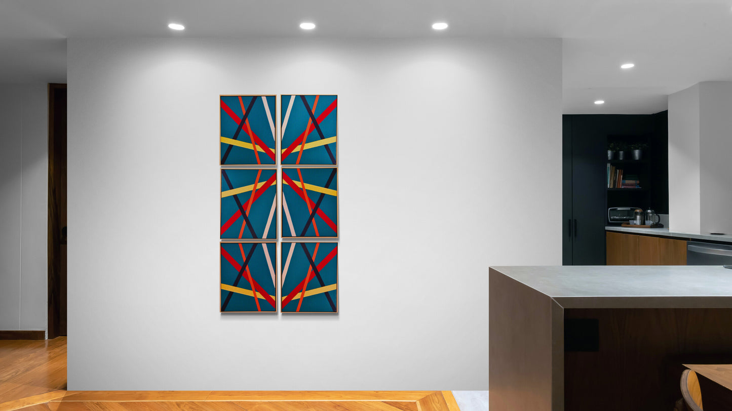 TEAL Bold geometric abstraction by Australian artist Dean Crozier. Six modular teal‑based canvases with intersecting colour bands create a dynamic, reconfigurable artwork suited to both expansive walls and compact spaces.