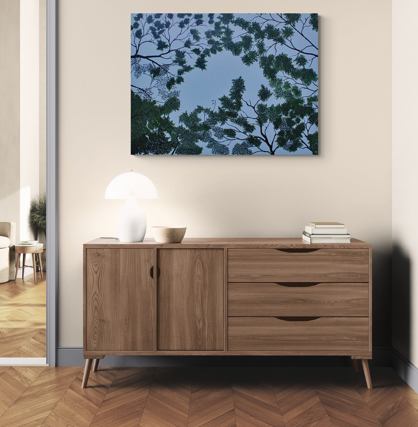 CANOPY A calm sky‑blue abstract with branches and individually painted leaves forming a gentle canopy. A serene contemporary artwork evoking the quiet of lying on cool grass beneath rustling trees. Perfect for natural, tranquil interiors.