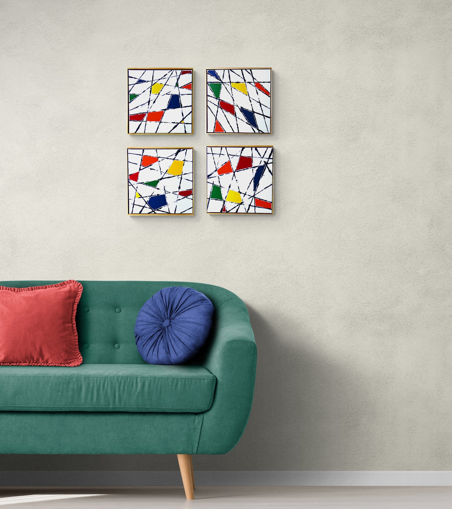 STRING THEORY 1 a geometric abstract with pops of primary colour.