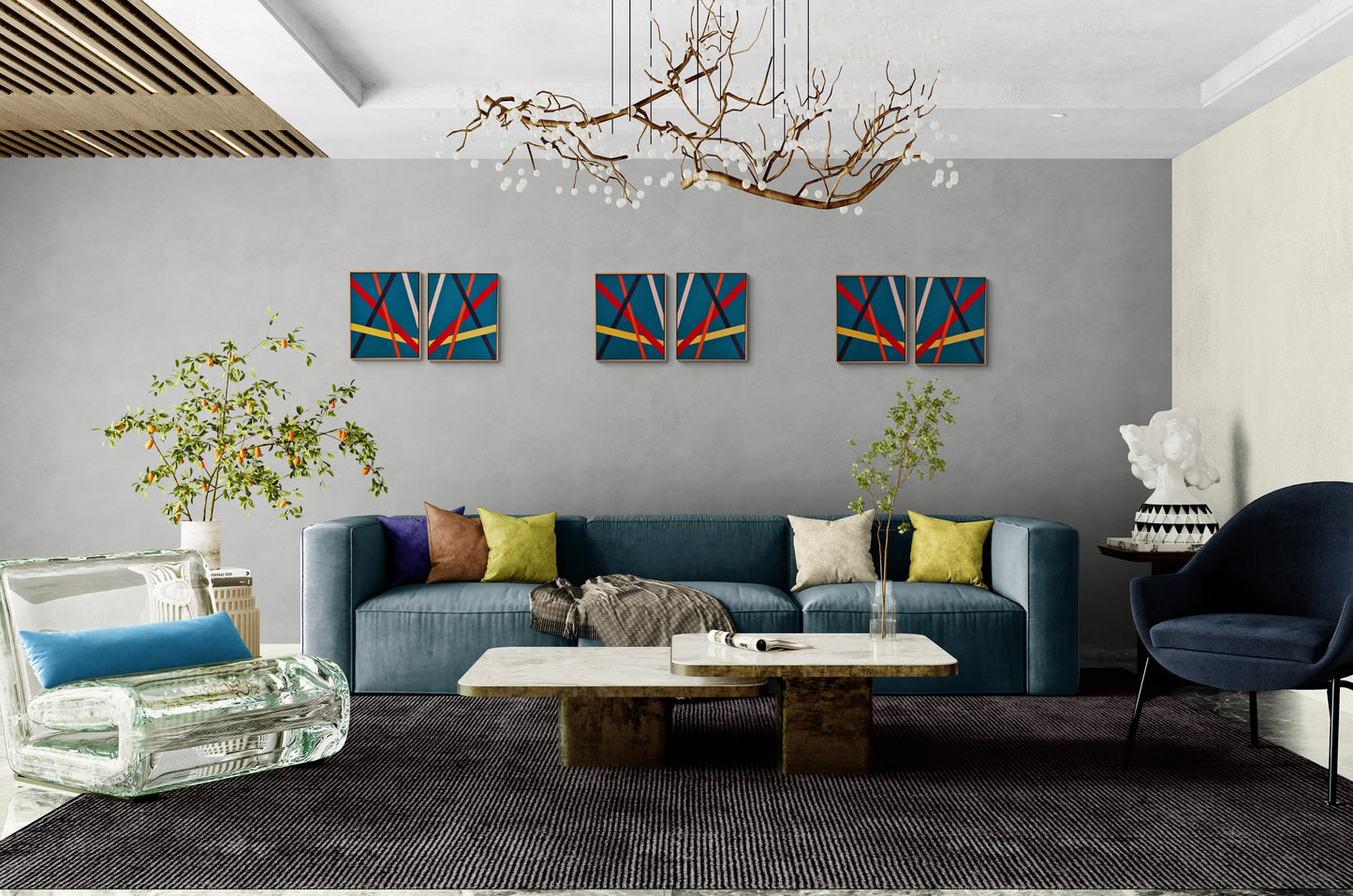 TEAL Bold geometric abstraction by Australian artist Dean Crozier. Six modular teal‑based canvases with intersecting colour bands create a dynamic, reconfigurable artwork suited to both expansive walls and compact spaces.