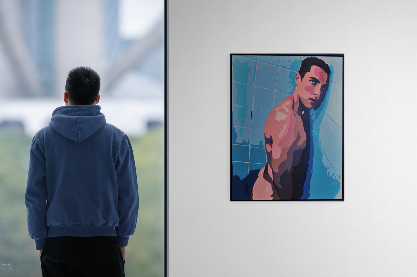 ENCOUNTERS #2 SHAWN IN THE SHOWER by Dean Crozier—an intimate, colour‑rich artwork where cool tiles meet warm flesh. A striking contemporary piece from the Encounters series, crafted in synthetic polymer and beautifully framed.