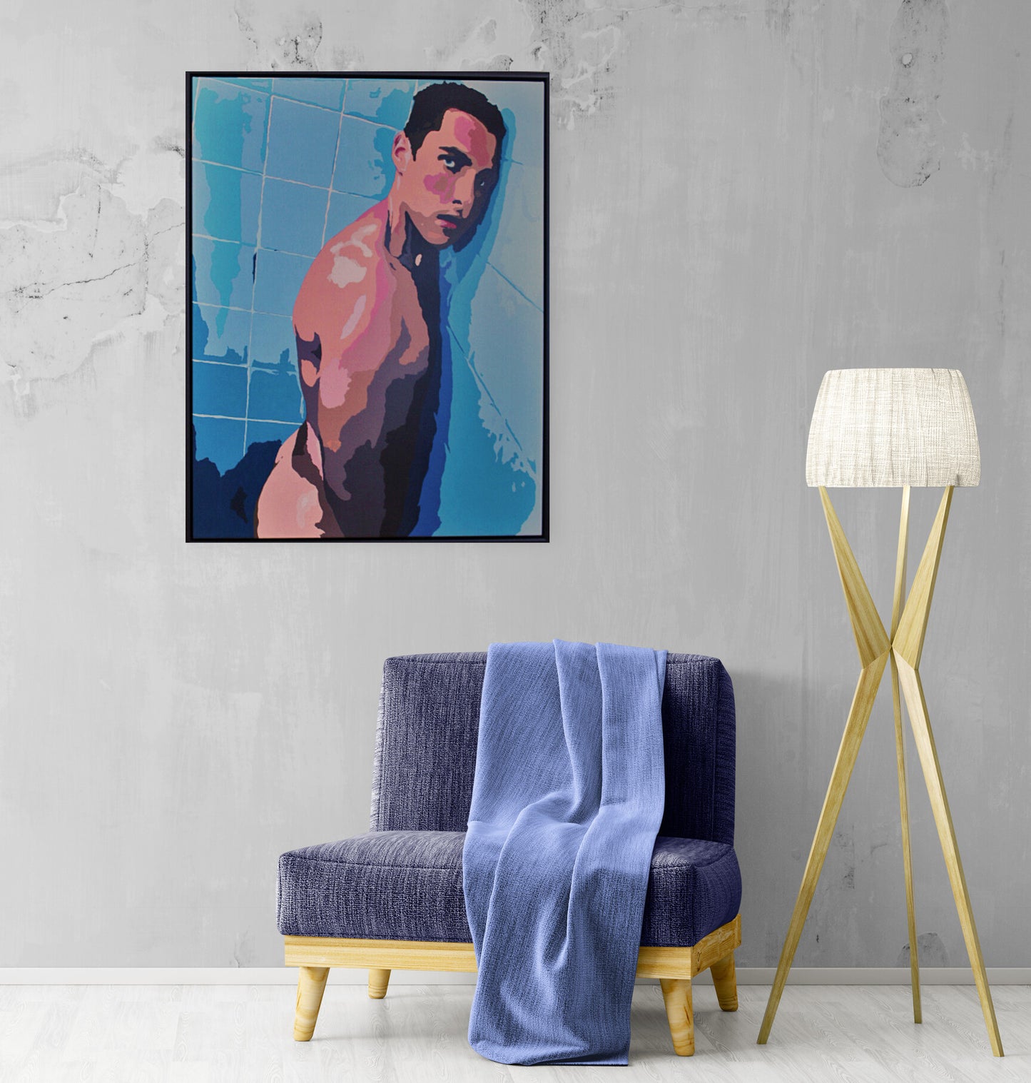 ENCOUNTERS #2 SHAWN IN THE SHOWER by Dean Crozier—an intimate, colour‑rich artwork where cool tiles meet warm flesh. A striking contemporary piece from the Encounters series, crafted in synthetic polymer and beautifully framed.
