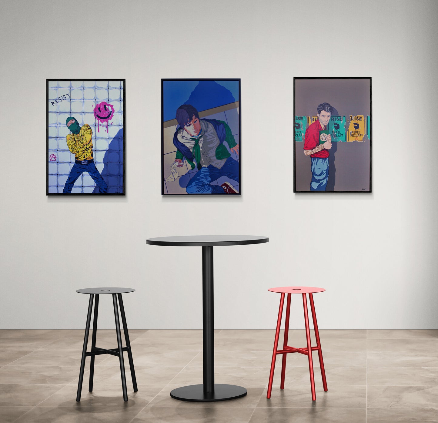 NO WHITE FLAG Comic‑book‑style painting of a young man falling as an unseen assailant’s shadow looms. Bold colour, graphic lines and dramatic tension. Synthetic polymer on canvas, framed in a black floating frame. From the Dean Crozier Gallery.